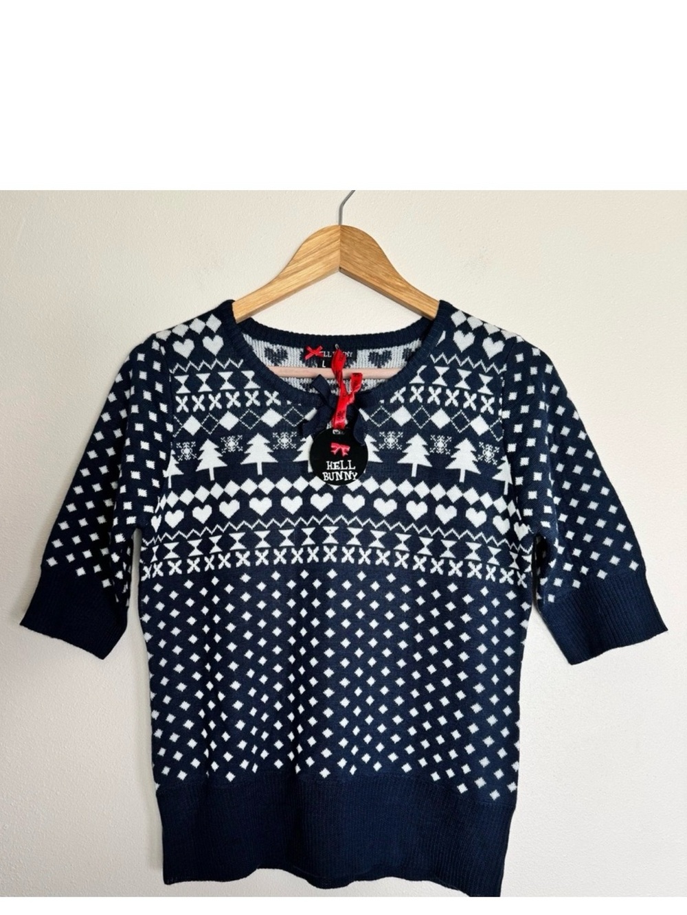 Hell Bunny Navy & White Fair Isle Short-Sleeve Knit Top Large